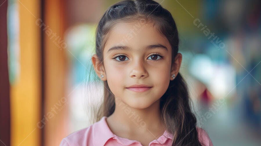 Menina jovem de camisa rosa sorrindo em ambiente colorido
