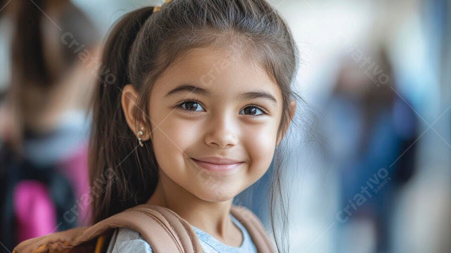 Menina sorridente de cabelo escuro e mochila marrom pronta para a escola