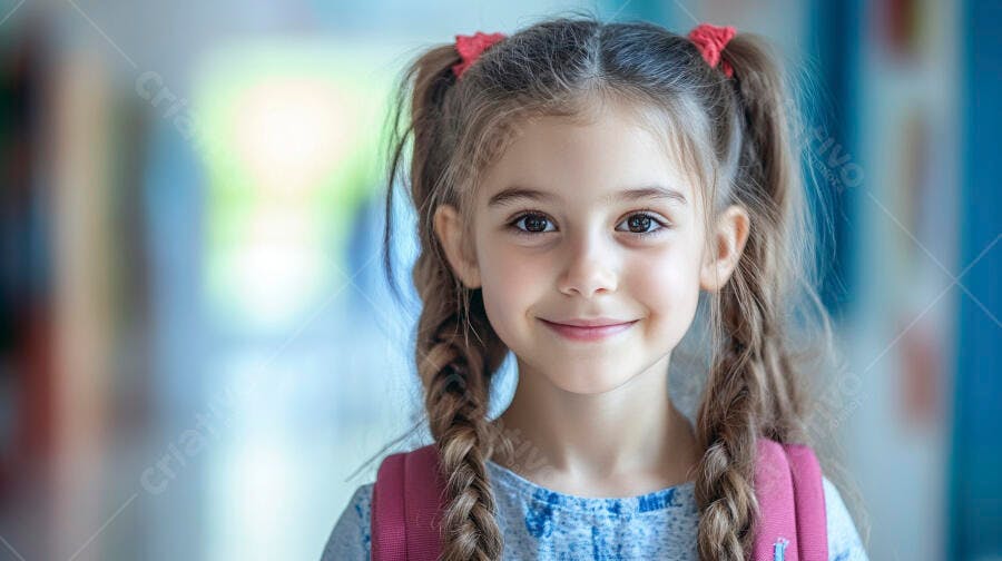 Menina sorrindo com tranças e mochila rosa em corredor de escola