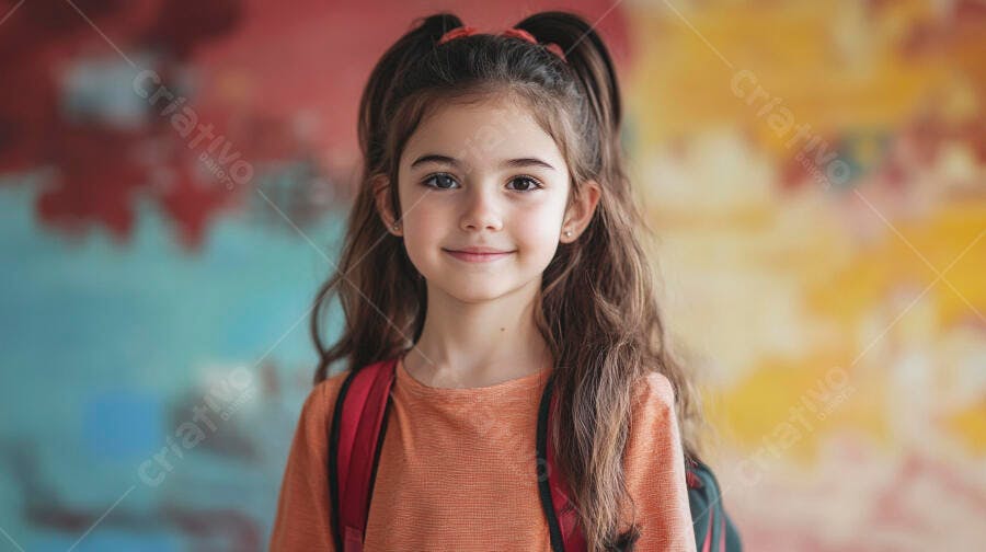 Menina feliz de pele clara com mochila pronta para a escola