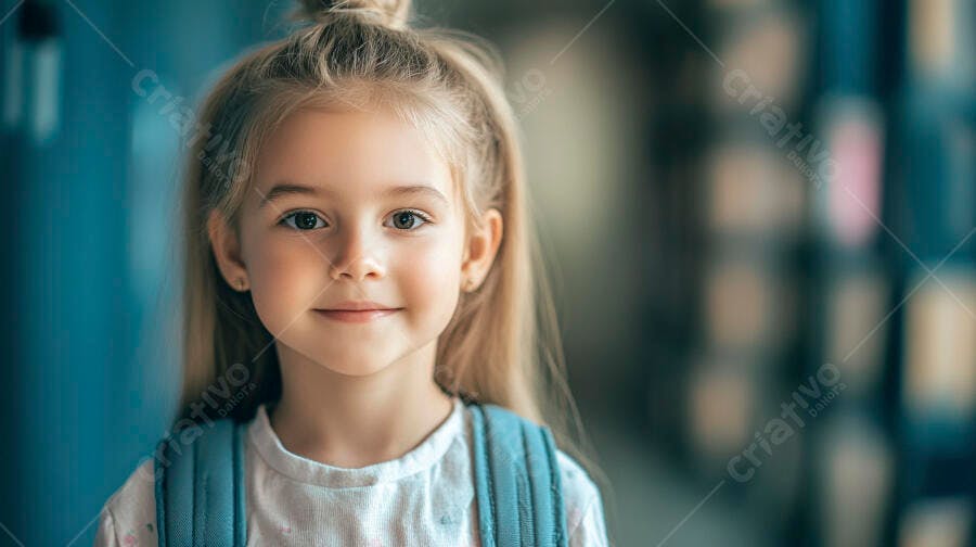 Menina loira sorrindo feliz com mochila azul na escola