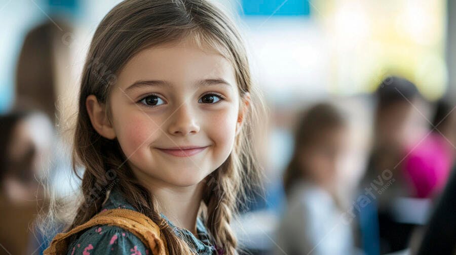 Menina caucasiana feliz sorrindo em sala de aula com tranças e roupa florida