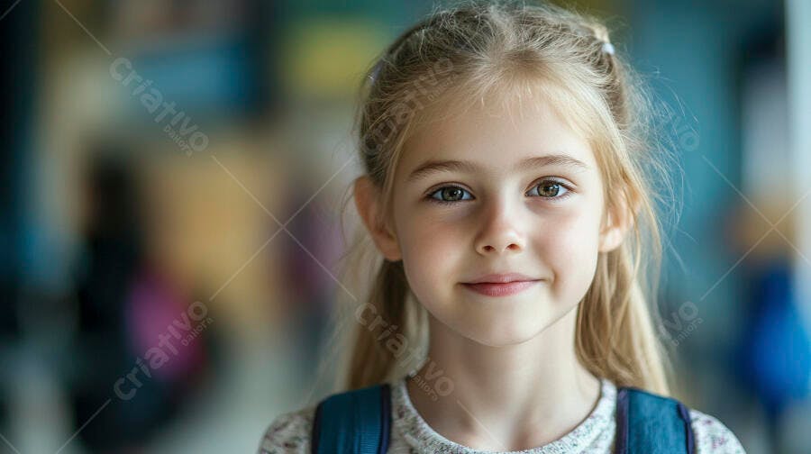 Menina loira feliz com mochila sorrindo em ambiente escolar