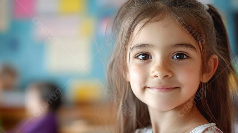 Menina sorridente com sardas em sala de aula colorida