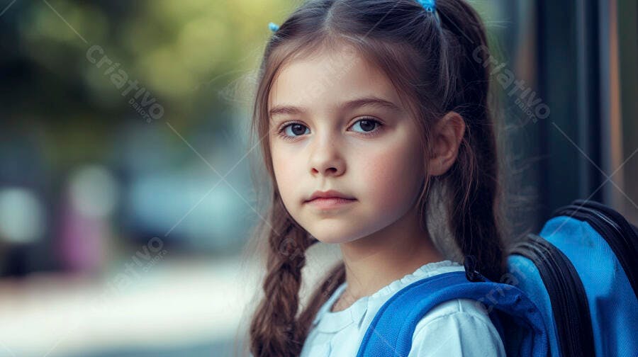 Menina estudante com mochila azul ao ar livre para a escola