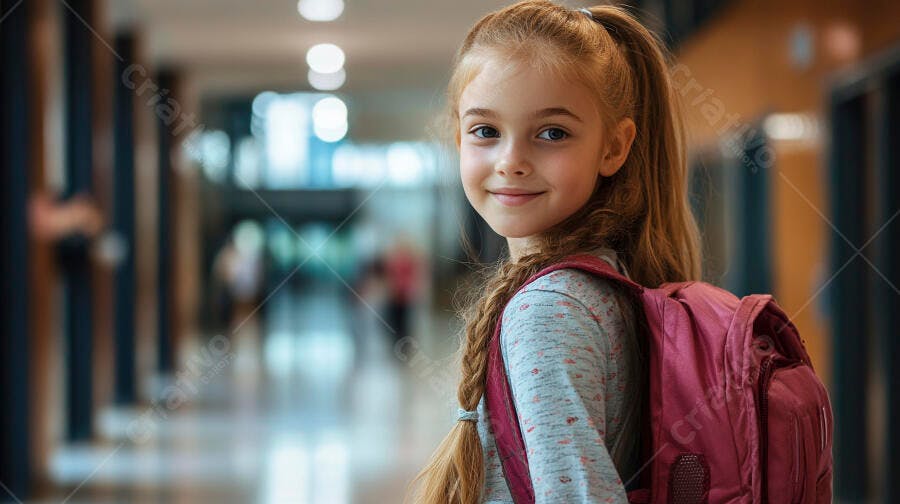Menina loira com mochila rosa sorrindo em corredor escolar