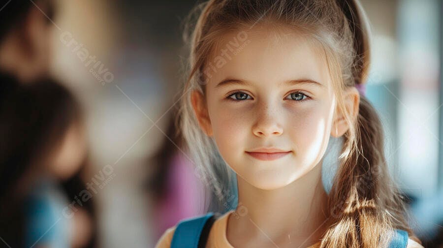 Menina caucasiana loira com mochila azul sorrindo em ambiente escolar