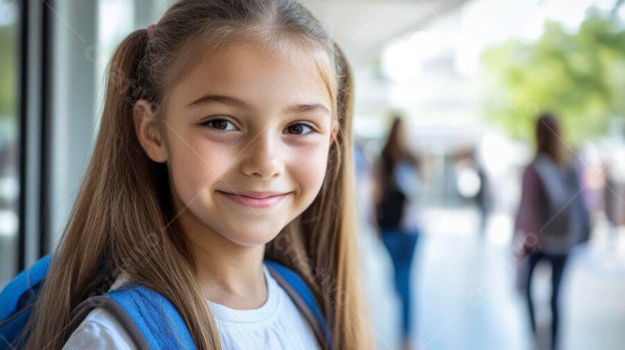 Menina estudante de cabelos castanhos com mochila azul sorrindo feliz na escola