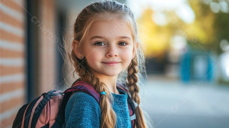 Menina loira sorrindo com mochila azul pronta para o dia escolar