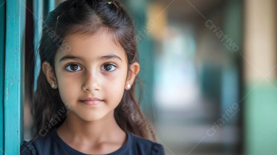 Menina indiana de cabelos escuros olhando para câmera em corredor escolar