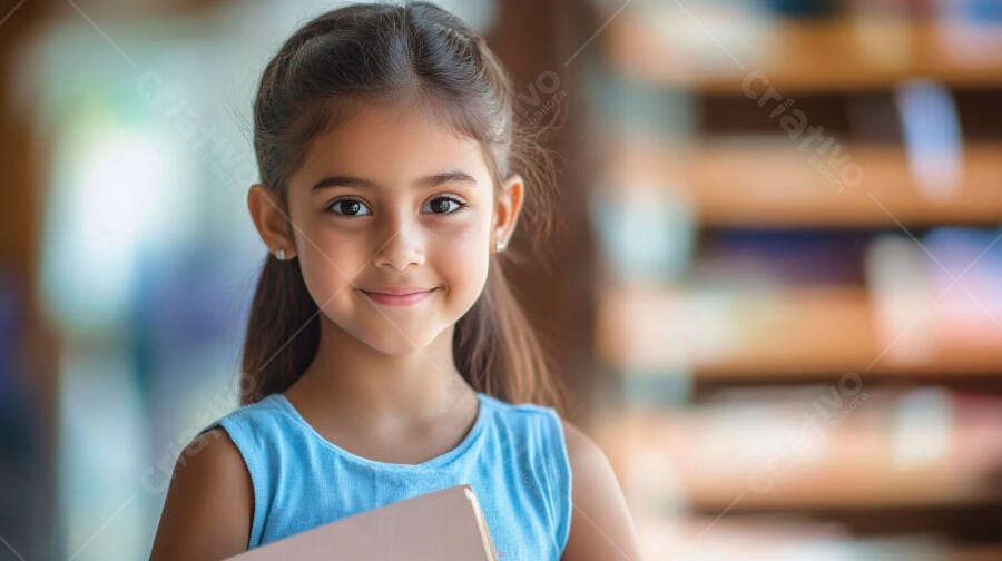 Menina feliz de cabelo castanho em camiseta azul segurando livro em biblioteca