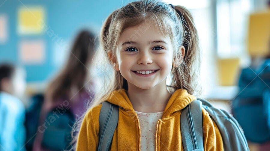 Criança feliz de cabelo castanho com mochila sorrindo em escola azul