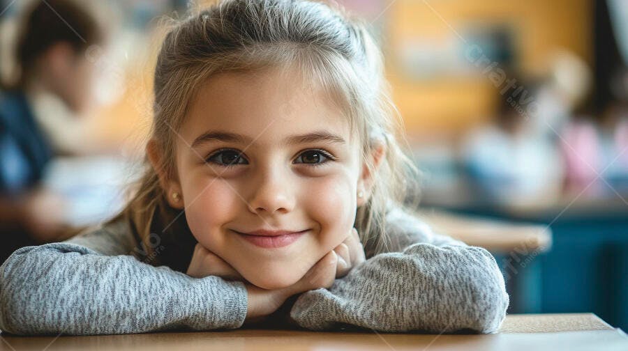 Menina criança loira feliz sorrindo na carteira escolar