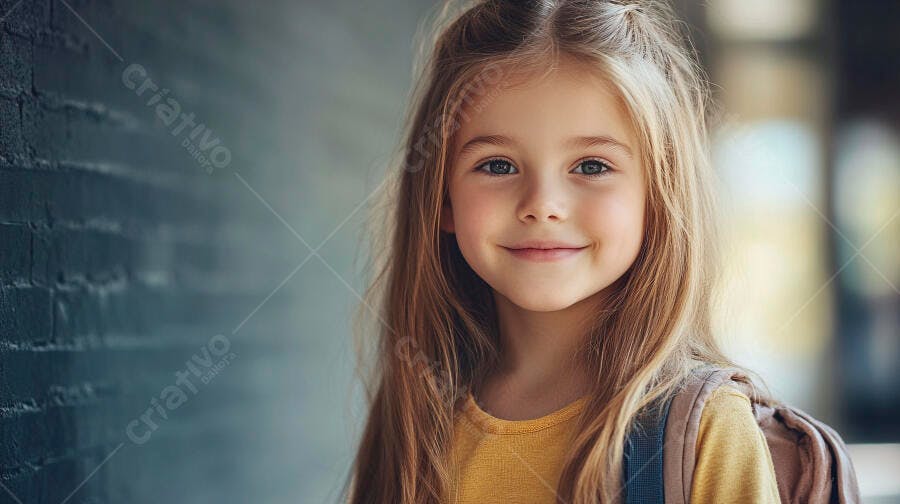 Menina estudante feliz de cabelo loiro e olhos azuis com mochila