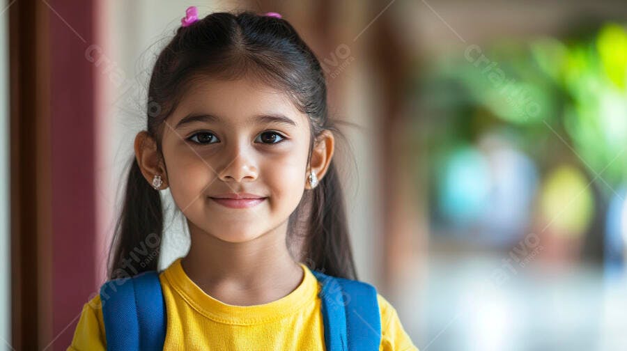 Menina sorridente de camiseta amarela e mochila azul em ambiente escolar