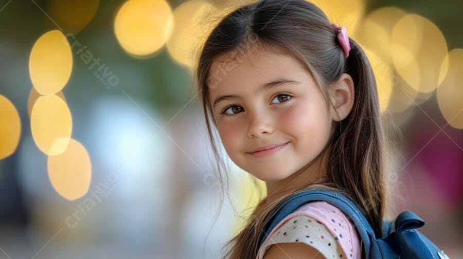 Menina feliz com mochila azul sorrindo ao ar livre com luzes bokeh