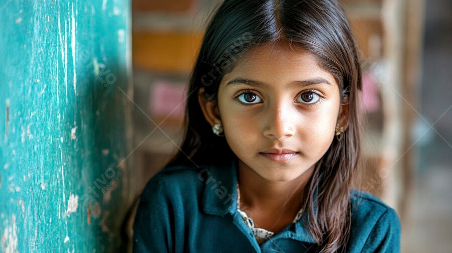 Menina indiana com olhar expressivo e camisa verde-azulada em parede rústica
