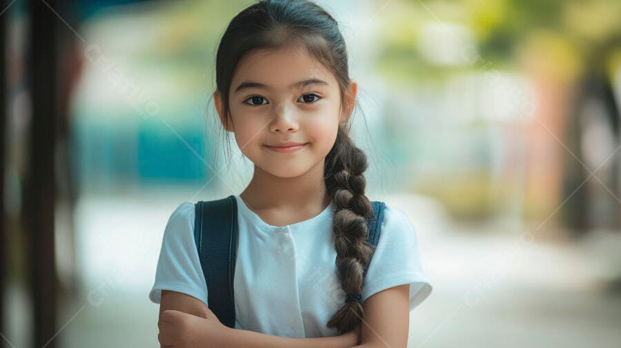 Menina estudante asiática com mochila sorrindo ao ar livre com braços cruzados
