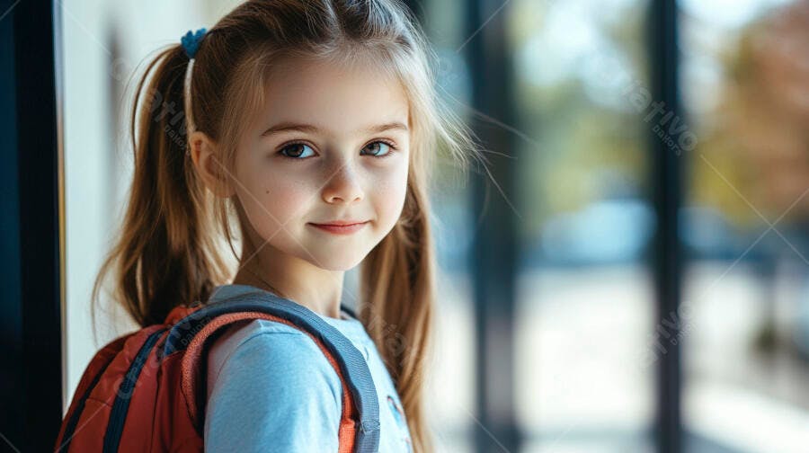 Menina caucasiana sorrindo com mochila vermelha em corredor escolar