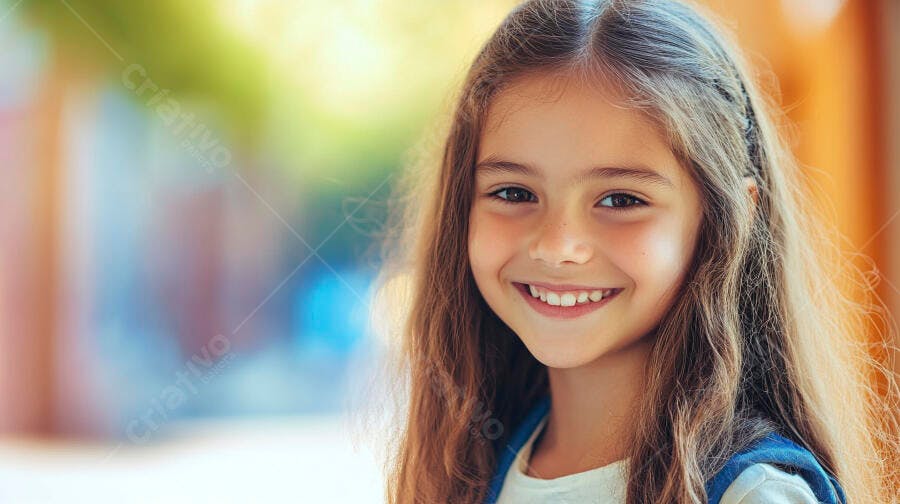 Menina estudante feliz com mochila sorrindo em close-up ensolarado