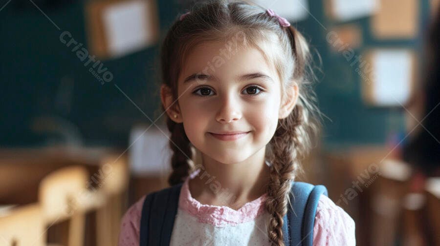 Menina estudante feliz com tranças e mochila azul na escola