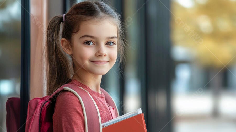 Menina estudante feliz com mochila rosa e livro indo para a escola
