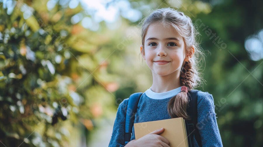 Menina estudante sorrindo com mochila azul e livro amarelo ao ar livre