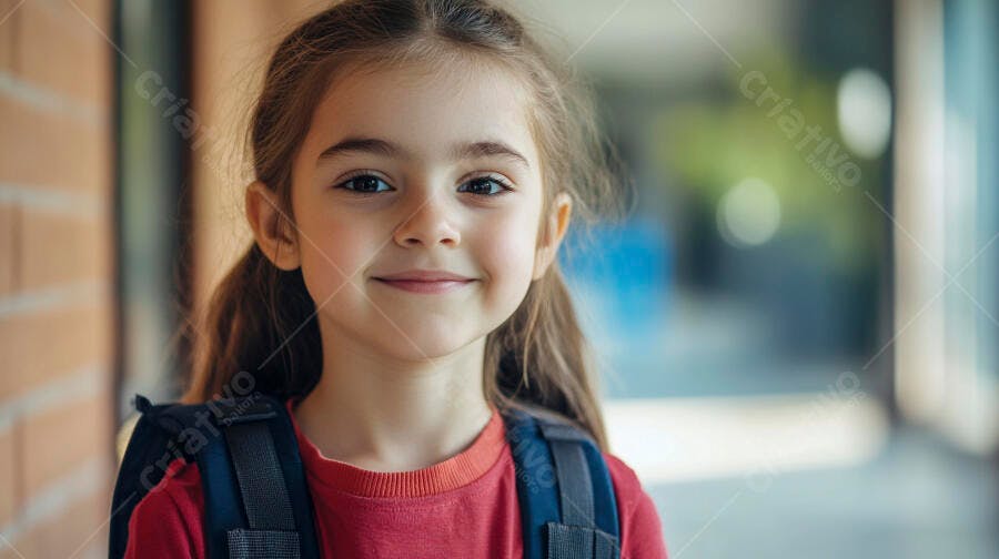 Menina criança sorridente com mochila azul em corredor escolar