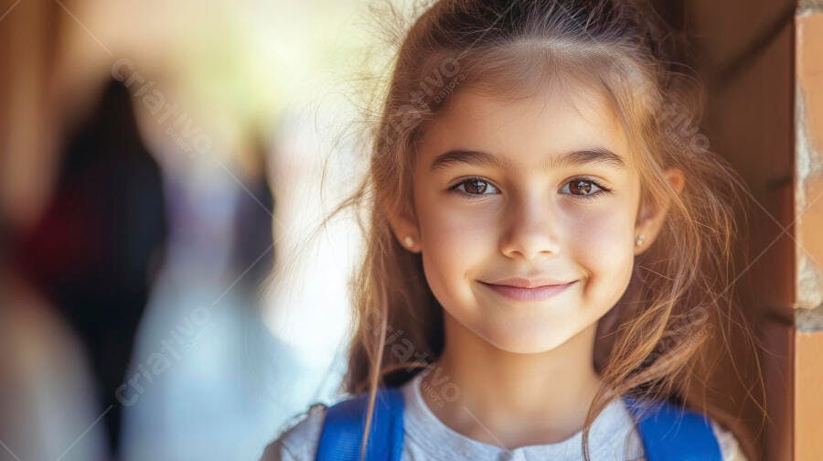 Menina feliz com mochila azul sorrindo para a câmera na escola