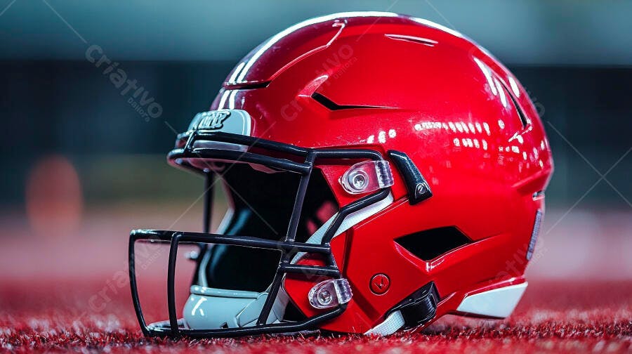 Capacete de futebol americano vermelho em campo de grama sintética