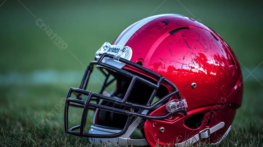 Capacete de futebol americano vermelho riscado com listra branca na grama