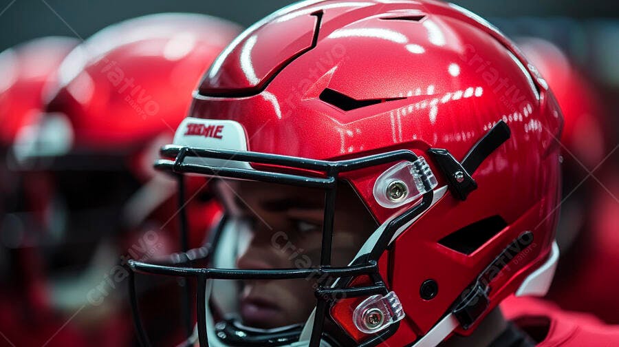 Jogador de futebol americano de cor com capacete vermelho brilhante em campo de jogo