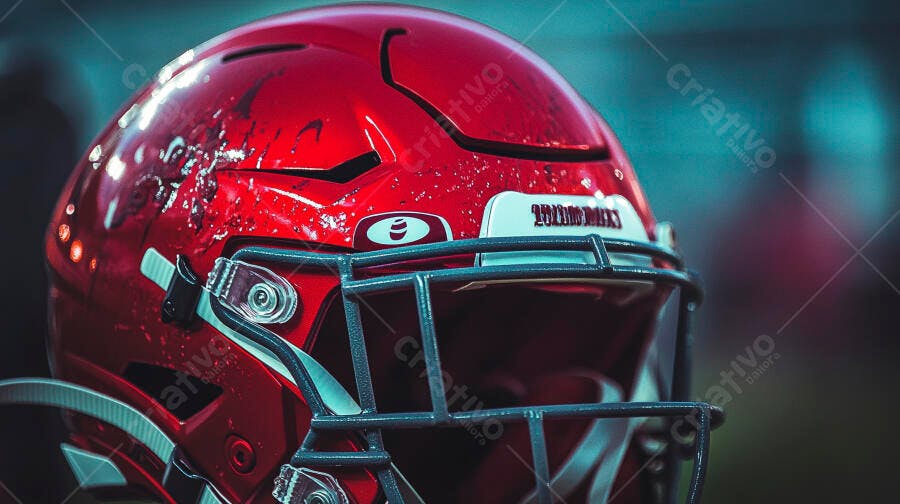Capacete de futebol americano vermelho desgastado em campo de jogo