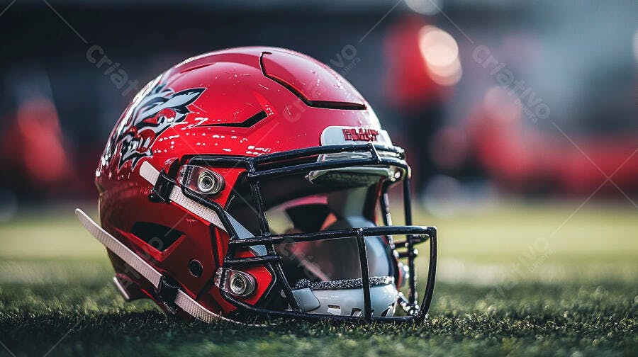 Capacete de futebol americano vermelho com logo de time no gramado
