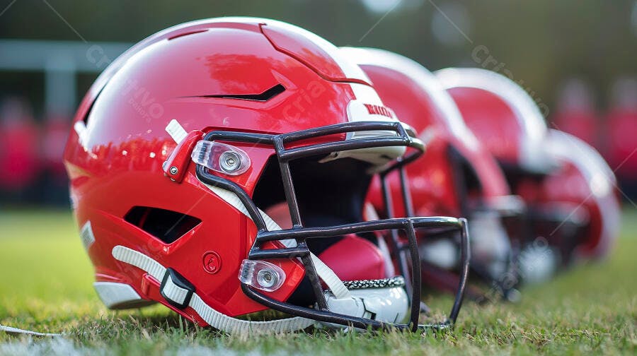 Capacete de futebol americano vermelho no campo gramado