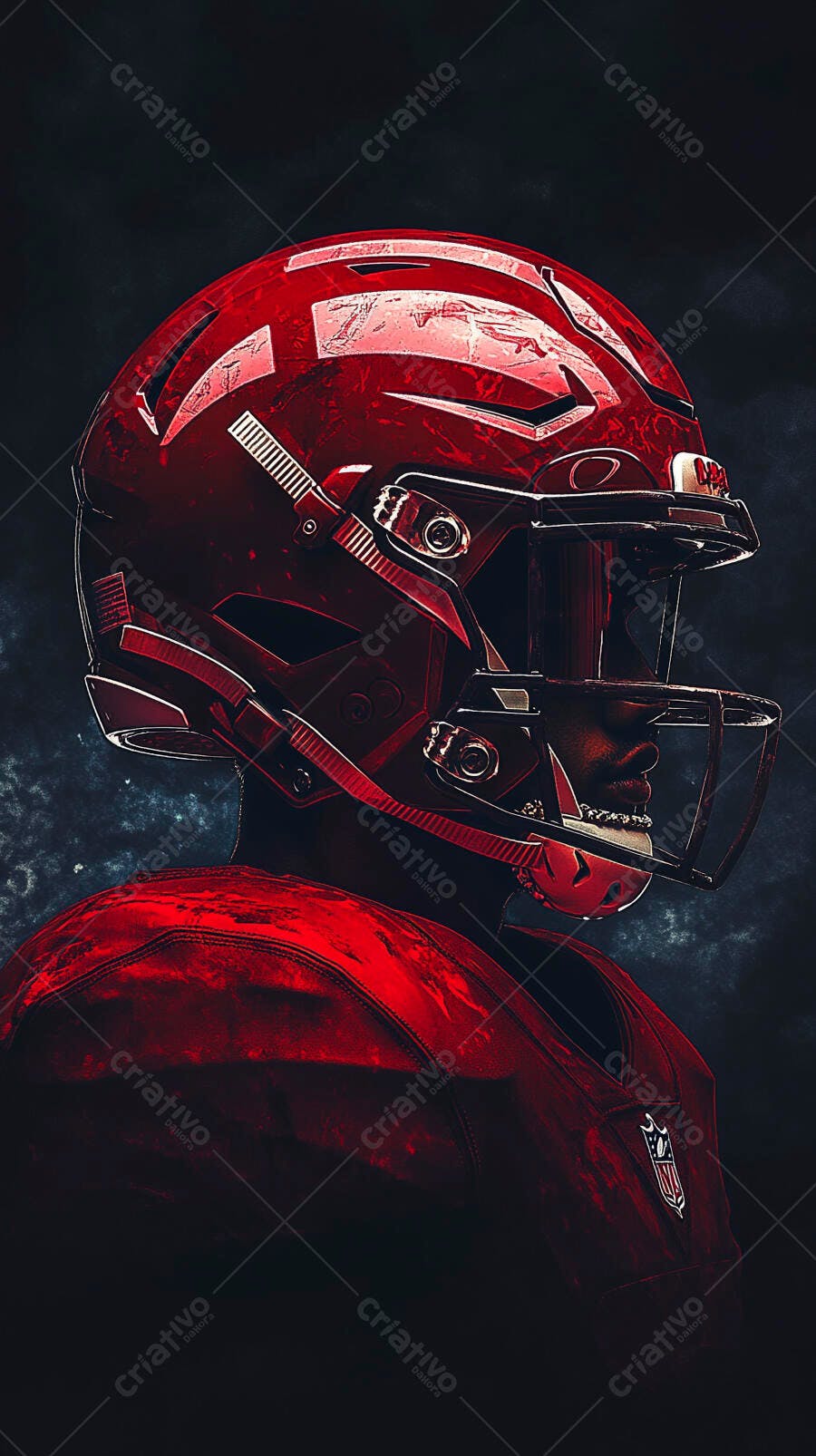 Jogador de futebol americano negro em capacete vermelho vibrante e uniforme escuro