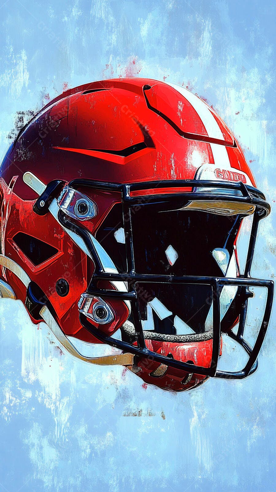 Capacete de futebol americano vermelho com listras brancas em fundo azul vibrante