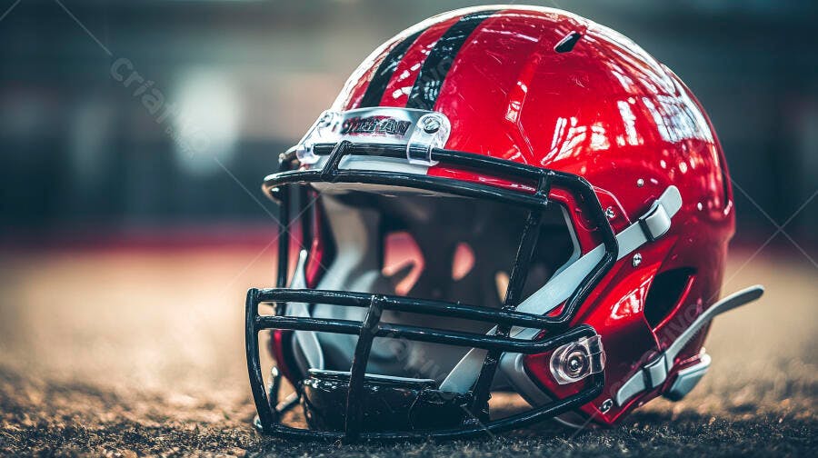 Capacete de futebol americano vermelho e preto em campo de grama
