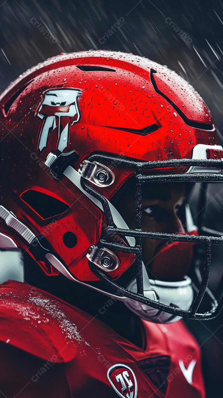 Jogador de futebol americano com capacete vermelho na chuva e neve