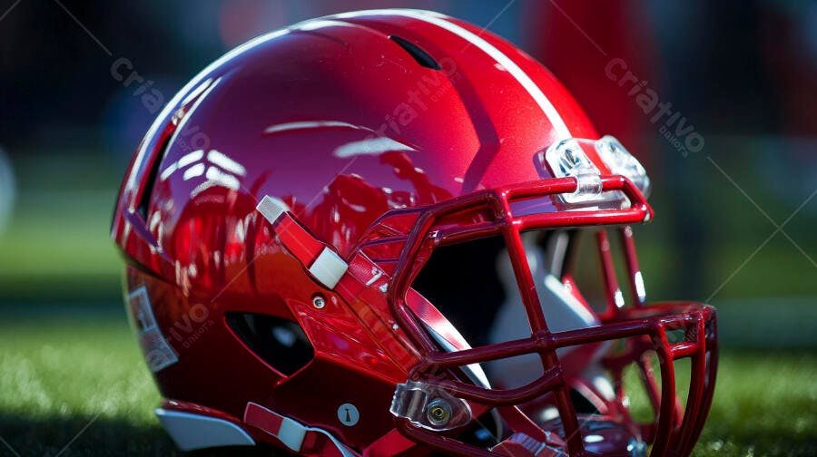 Capacete de futebol americano vermelho com listras brancas em campo verde