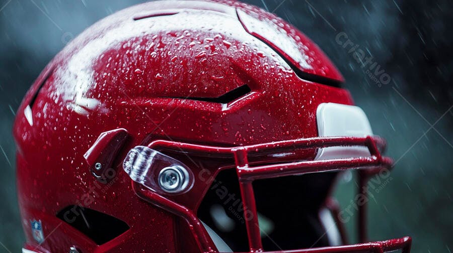 Capacete vermelho de futebol americano molhado na chuva escura