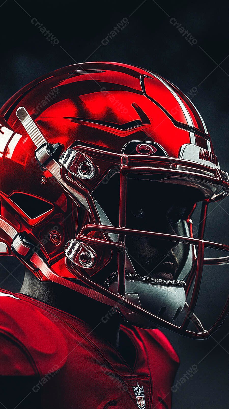 Atleta negro de futebol americano com capacete vermelho e uniforme NFL