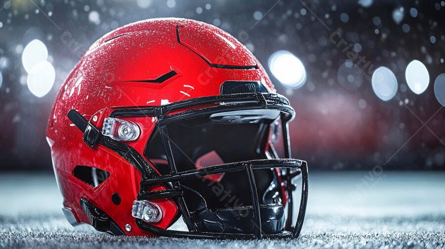 Capacete de futebol americano vermelho molhado em campo noturno