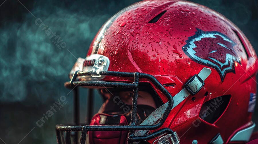 Capacete de futebol americano vermelho molhado com logo de leão
