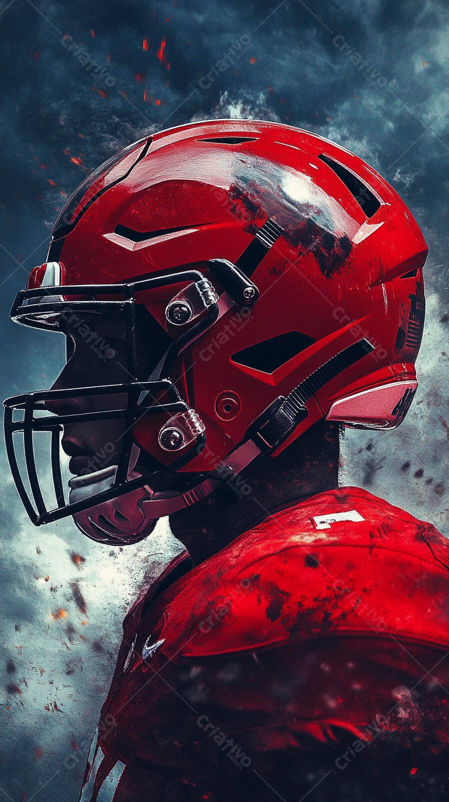 Jogador de futebol americano com capacete vermelho em fundo dramático