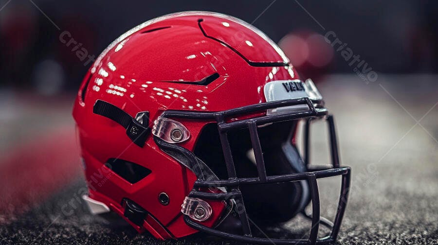 Capacete de futebol americano vermelho vibrante sobre gramado escuro do campo