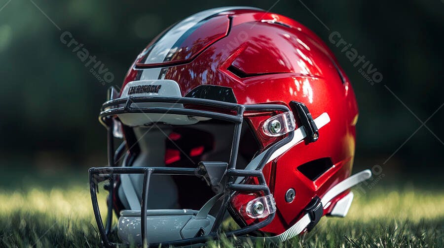 Capacete de futebol americano vermelho e branco em gramado verde