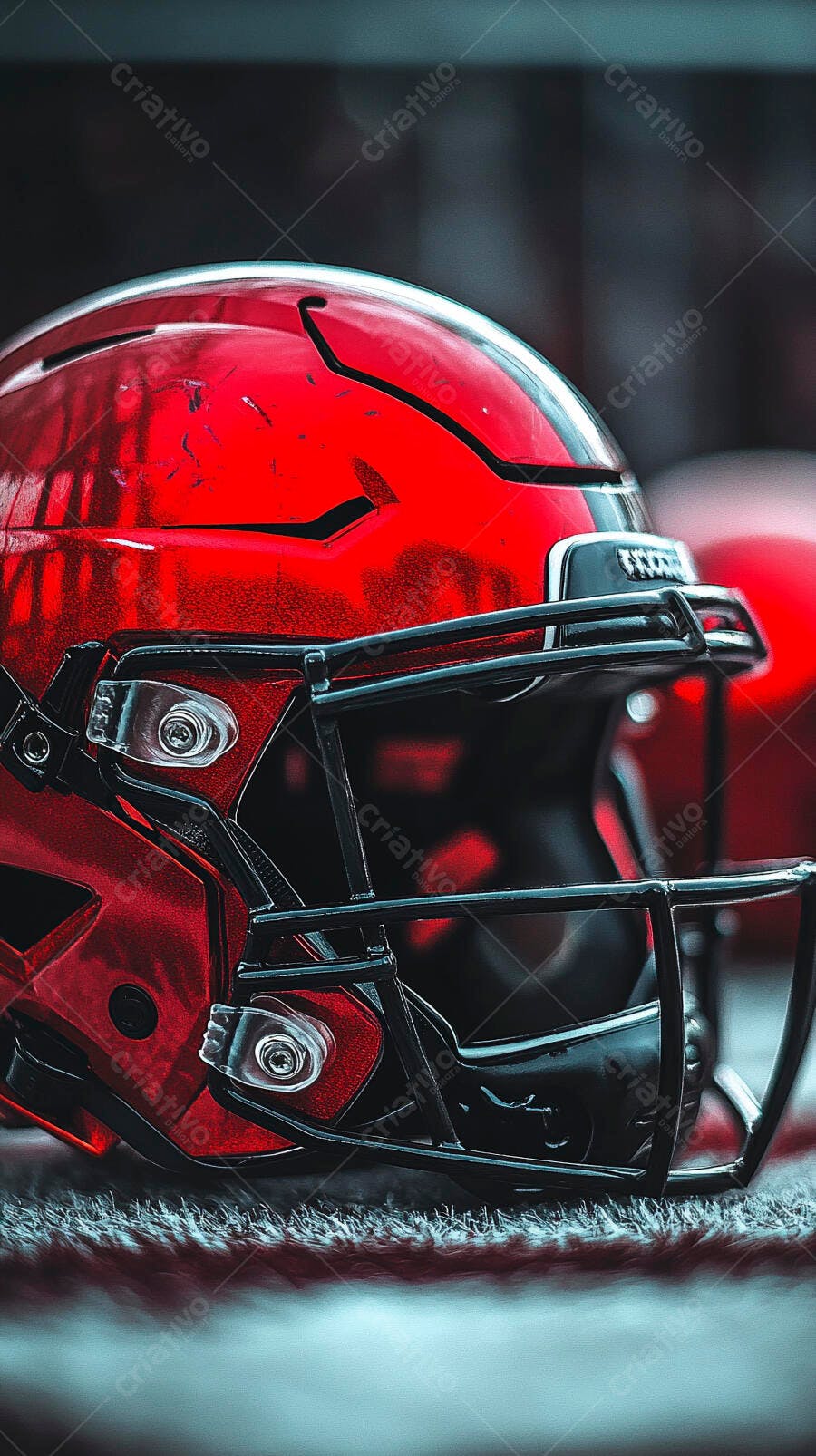 Capacete de futebol americano vermelho vibrante sobre gramado do campo