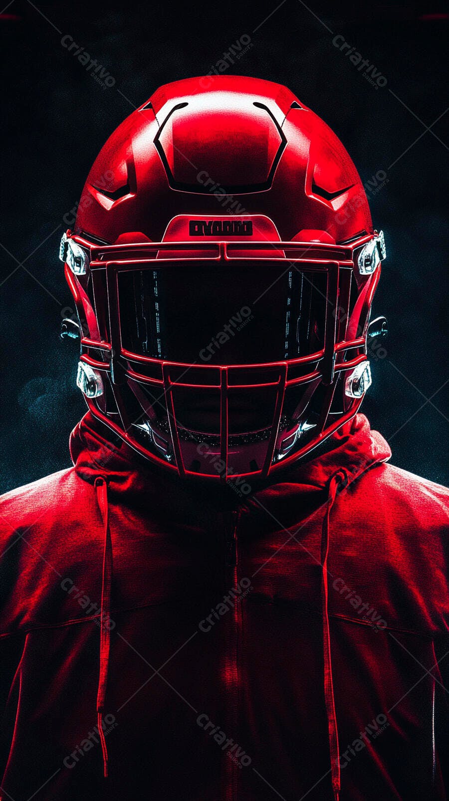 Capacete de futebol americano vermelho vibrante com agasalho em fundo escuro