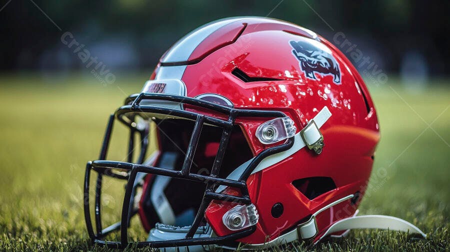 Capacete de futebol americano vermelho com logo de javali no gramado